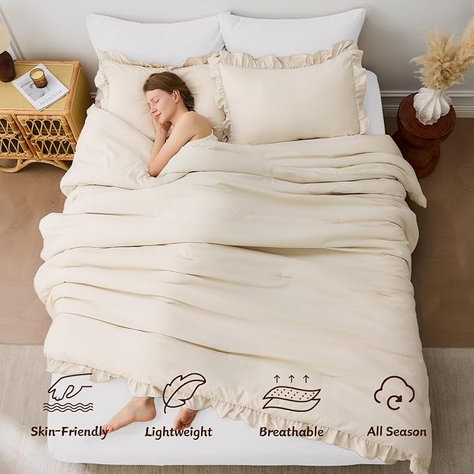 FUANNA Full Size Comforter Sets Beige, 3 Pieces Ruffle Full Size Bedding Sets - Image 4