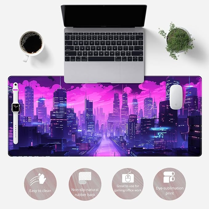 Desk Pad Cyberpunk Purple Desk Mat City Skyline Gaming Extended Mouse Pad Big - Image 2