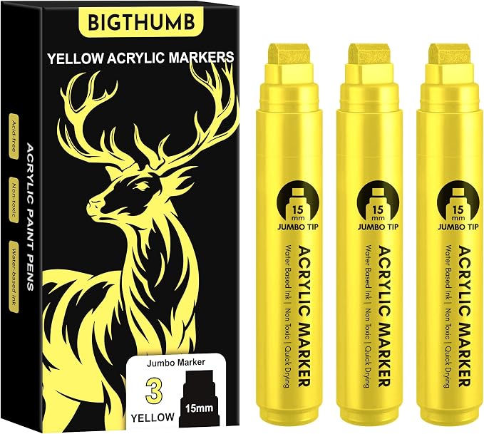 BIGTHUMB 3 Pcs Yellow Jumbo Permanent Markers: 15mm Wide Tip Thick Acrylic by BIGTHUMB