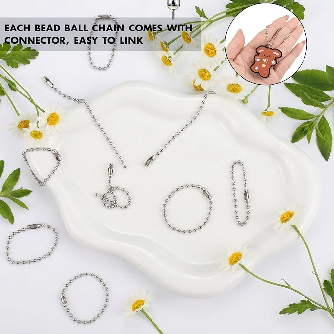 400 Pcs Long Bead Ball Chain Keychain, 3.9 Inch Silver, 2.4mm - Image 3