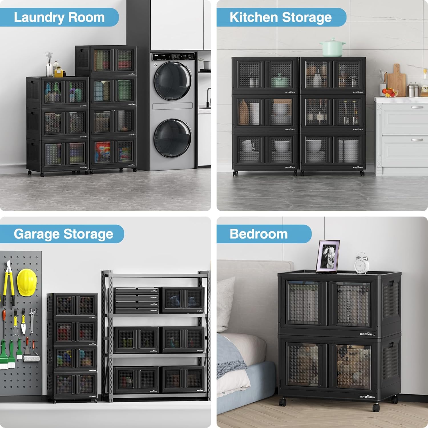 BROVIEW 600 Qt Stackable Storage Bins with Lids & Doors, 6 Pack Plastic Closet Organizer and Storage Drawers with Wheels, Large Collapsible Storage Boxes, Cabinet for Home, Office, V10, Black