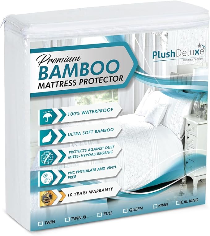 PlushDeluxe Premium Bamboo Mattress Protector – Queen Size, Waterproof by PlushDeluxe