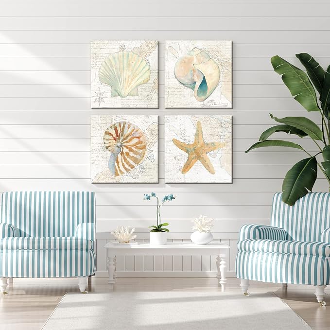 Seashell Bathroom Decor Cream Color Seashell Starfish Canvas Wall Art Nautical - Image 5
