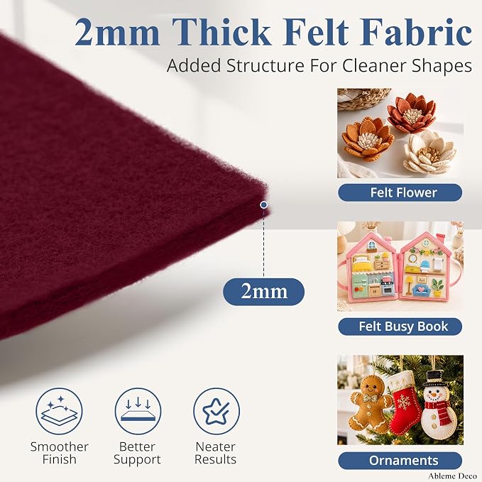 12" x 12" Felt Sheets for Crafts, 2mm Stiff Felt Fabric, Burgundy | 2mm Thick - Image 2