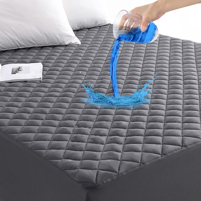 GRT Twin Size Grey Quilted Fitted Mattress Pad, 100% Waterproof Breathable by GRT