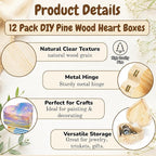Acshio 12 Pack Unfinished Wood Heart Box, Unpainted DIY Treasure Chest - Image 3