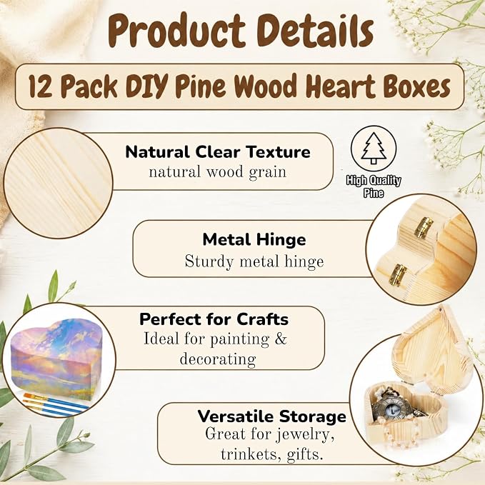 Acshio 12 Pack Unfinished Wood Heart Box, Unpainted DIY Treasure Chest - Image 3