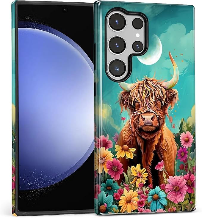 for Samsung Galaxy S24 Ultra Case, Highland Cow Flower Pattern Glossy 2 in 1 by Teonvpu