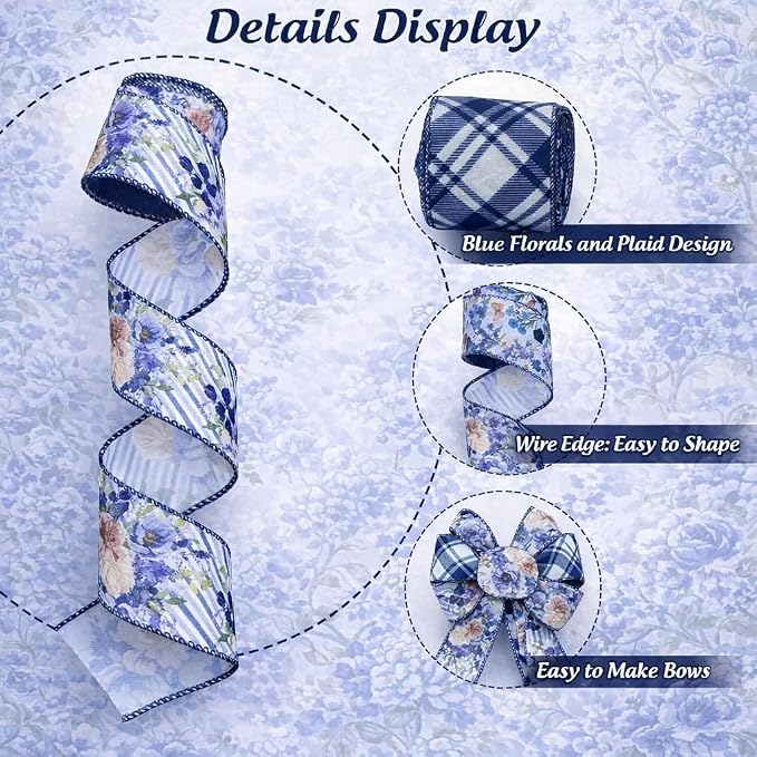 Blue Floral Wired Ribbon 2 Rolls, 2.5 Inch x 20 Yards Vintage Blue and White - Image 4