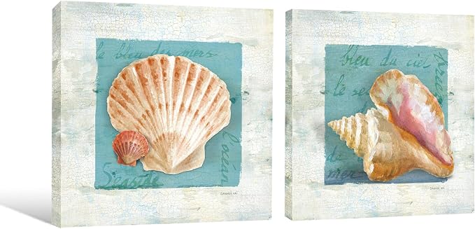 Seashell Wall Art Teal Ocean Theme Canvas Prints Bathroom Wall Decor Nautical - Image 2