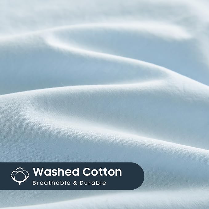 Wake In Cloud - Cotton Duvet Cover Set, Twin Size, Sky Blue, 100% Washed Cotton - Image 7