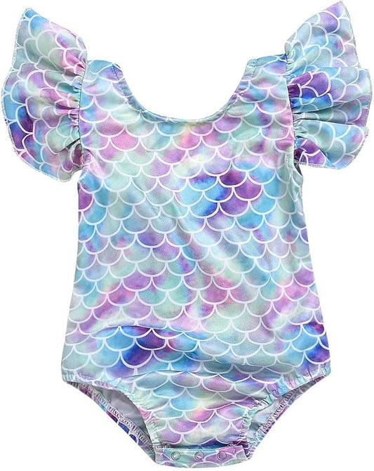 Toddler Girl Baby Ruffles Mermaid Fish Scale Swimsuit One Piece Swimwear Bathing Sunsuit