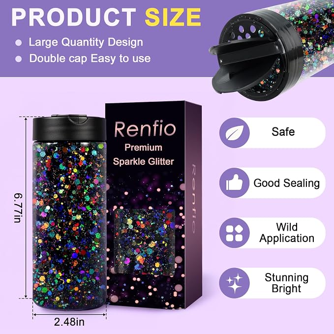 Renfio Holographic Glitter, 9.7oz/275g Laser Black Chunky Glitter - Image 2