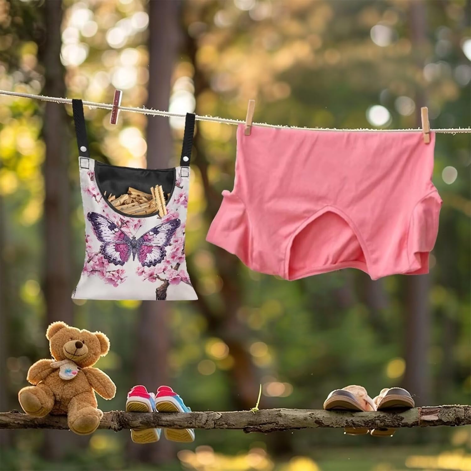 2 Pcs Clothes Pin Hanging Bag, Butterfly Clothes Pins Bag Holder Outdoor 4.Stylish Clothespin Bag with Hanging Rope for Clothes Pin and Clothespin