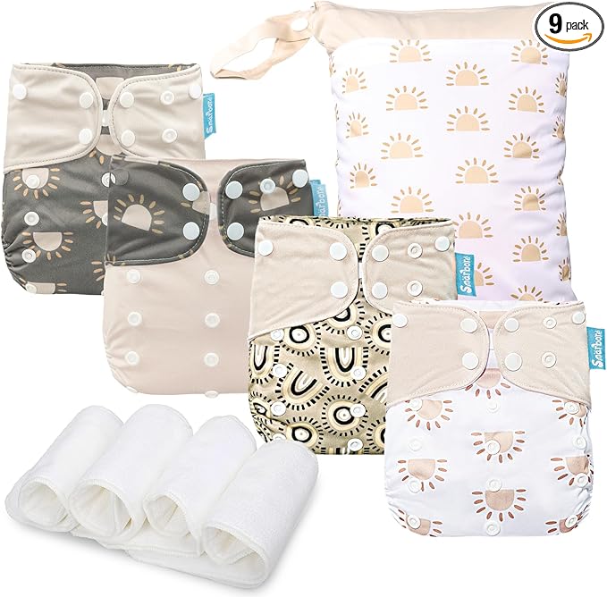 Baby Cloth Diapers Set - 4 Pack with 4 Inserts & 1 Wet/Dry Separation Bag, Reusable Infant Toddler Nappy, Adjustable Pocket Diapers for Baby Boys and Girls (6-33 pounds, 0-3 Years)
