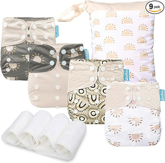 Baby Cloth Diapers Set - 4 Pack with 4 Inserts & 1 Wet/Dry Separation Bag, Reusable Infant Toddler Nappy, Adjustable Pocket Diapers for Baby Boys and Girls (6-33 pounds, 0-3 Years)