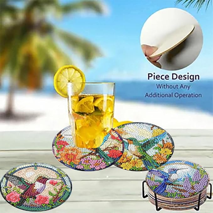 8 Pack Diamond Art Coasters, Hummingbird flowers Diamond Painting Coasters | - Image 4