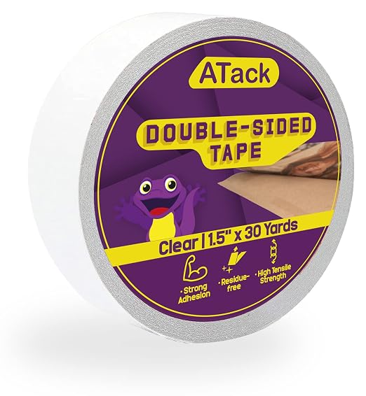 ATack Double Sided Tape Clear 1.5''x30 Yards Wall Safe Heavy-Duty Transparent by ATack