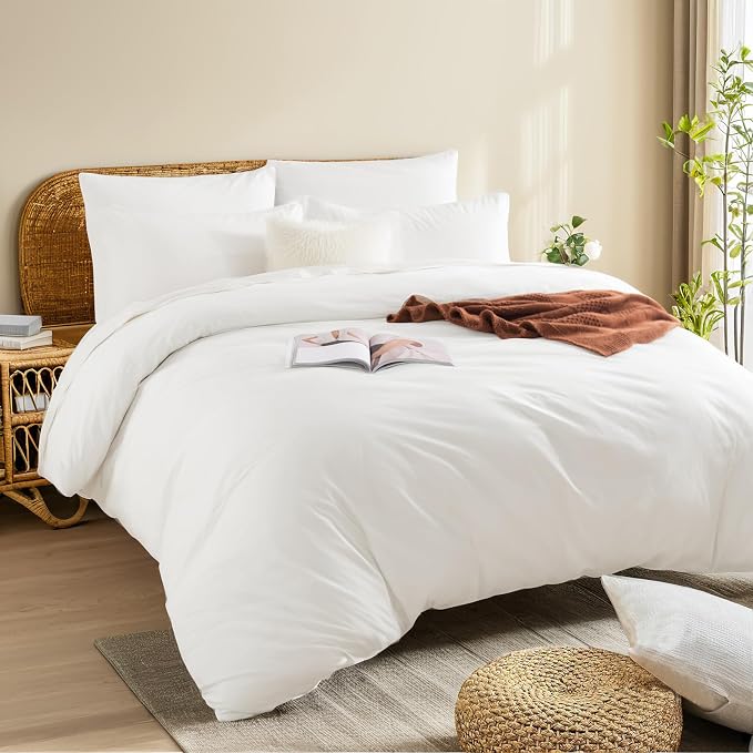NEXHOME PRO Cotton Duvet Cover Kids Twin Size Linen Look White Organic Natural - Image 3