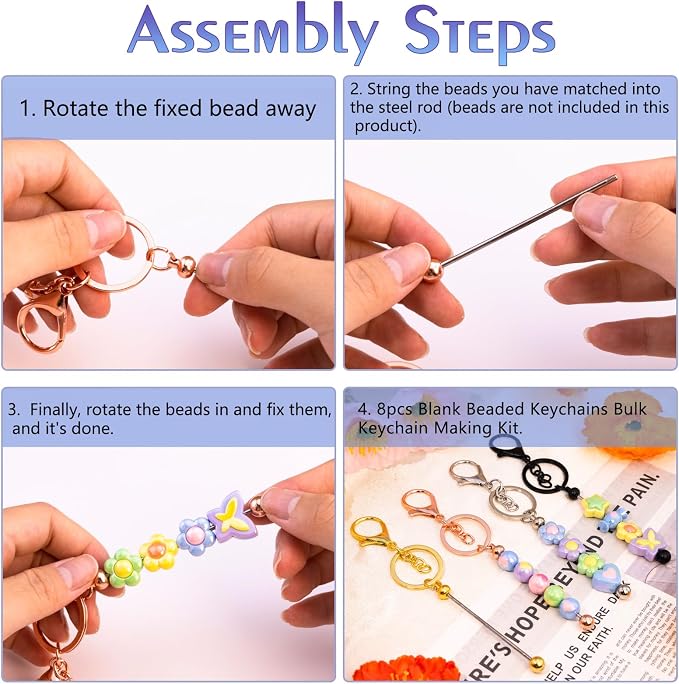 beadable keychains Bulk 8pcs Blank Keychain Making Kit Keychains Accessories - Image 4