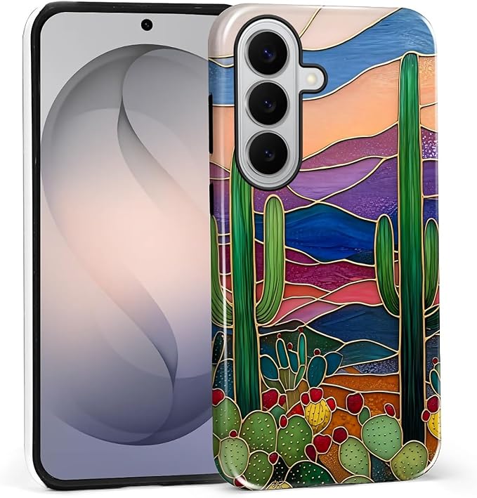 for Samsung Galaxy S26 Case, Stained Glass Cactus Pattern Glossy 2 in 1 by Teonvpu