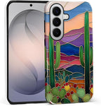 for Samsung Galaxy S26 Case, Stained Glass Cactus Pattern Glossy 2 in 1 by Teonvpu