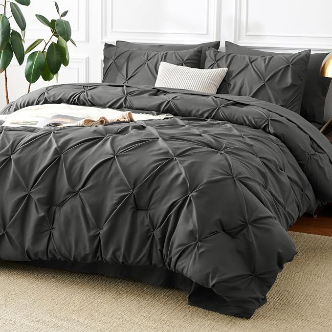 CozyLux King Size Comforter Set Dark Grey, 7 Pieces Pintuck Bed in A Bag Gray by CozyLux