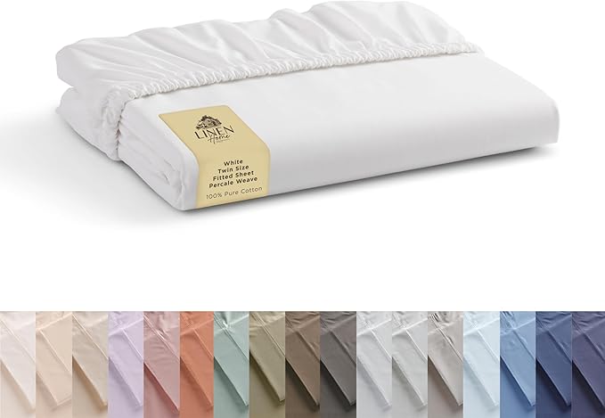 Linen Home 100% Cotton Percale Weave Fitted Sheet, Twin Size, 1 Deep Pocket by LINENHOME