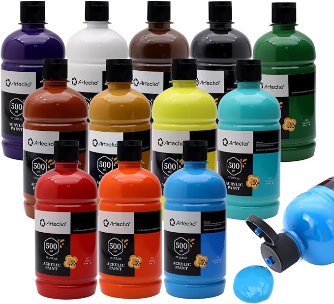 Artecho 12 Colors Acrylic Paint Set 500ml / 17oz Large Bottle | Semi Glossy by Artecho