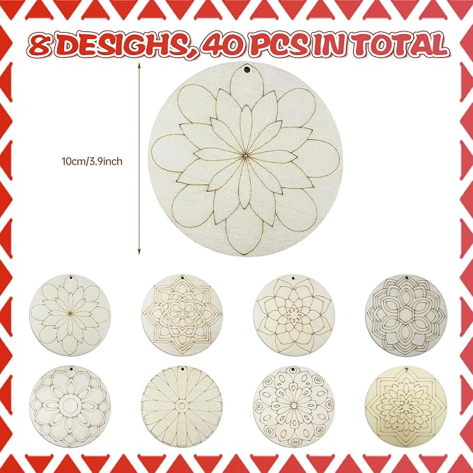 40Pcs DIY Unfinished Mandala Painting Wood Craft Wooden Chips Coloring - Image 2