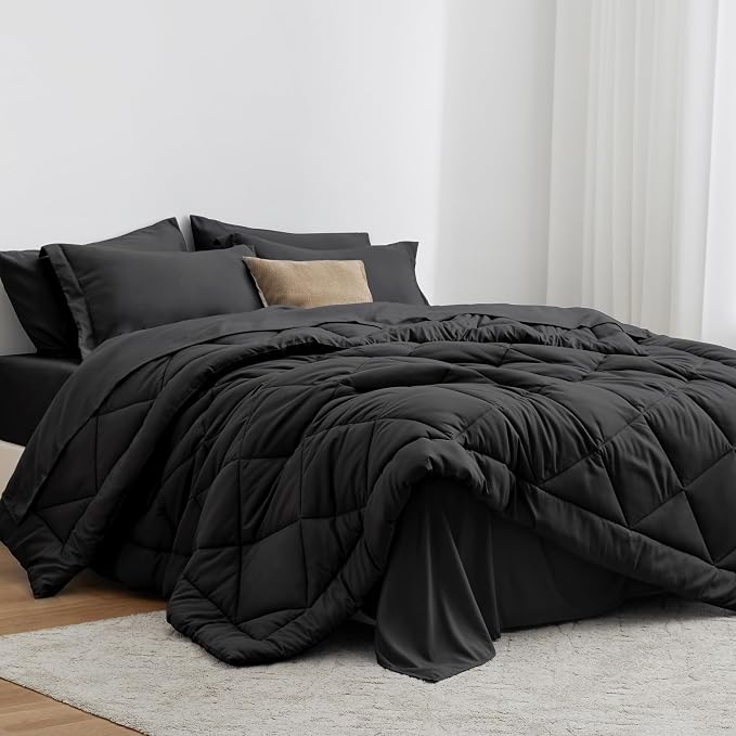 Love's cabin Queen Comforter Set Black, 7 Pieces Queen Bed in a Bag, All Season by Lovescabin