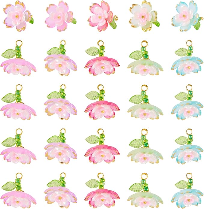 FASHEWELRY 30Pcs Transparent Acrylic Glass Flower Charms 18mm Colorful by FASHEWELRY