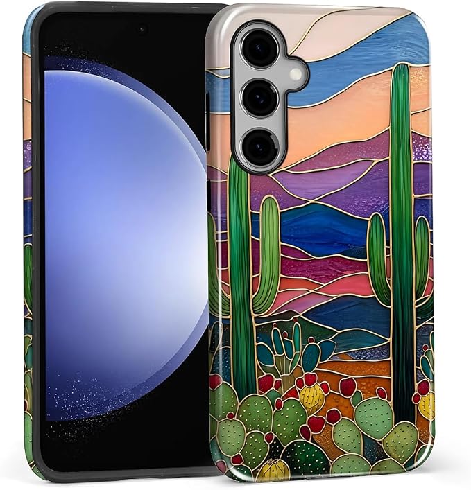 for Samsung Galaxy S25 FE Case, Stained Glass Cactus Pattern Glossy 2 in 1 - Image 3