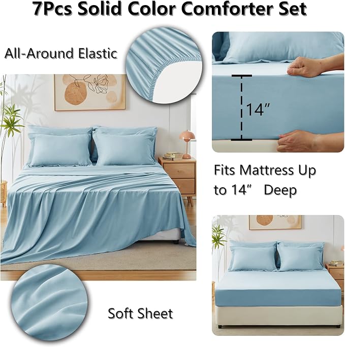 CozyLux King Size Comforter Set Light Blue, 7 Pieces Bed in a Bag King - Image 6