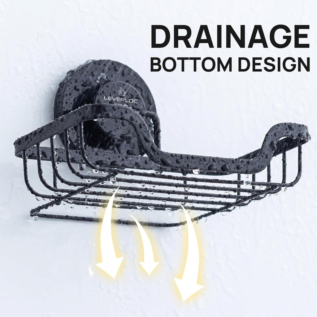 LEVERLOC Soap Dish, Soap Bar Holder for Shower Suction Cup Wall Mounted, Stainless Steel No-Drilling Removable Waterproof Sponge Holder for Bathroom Bathtub Kitchen Sink, Keep Dry, Black