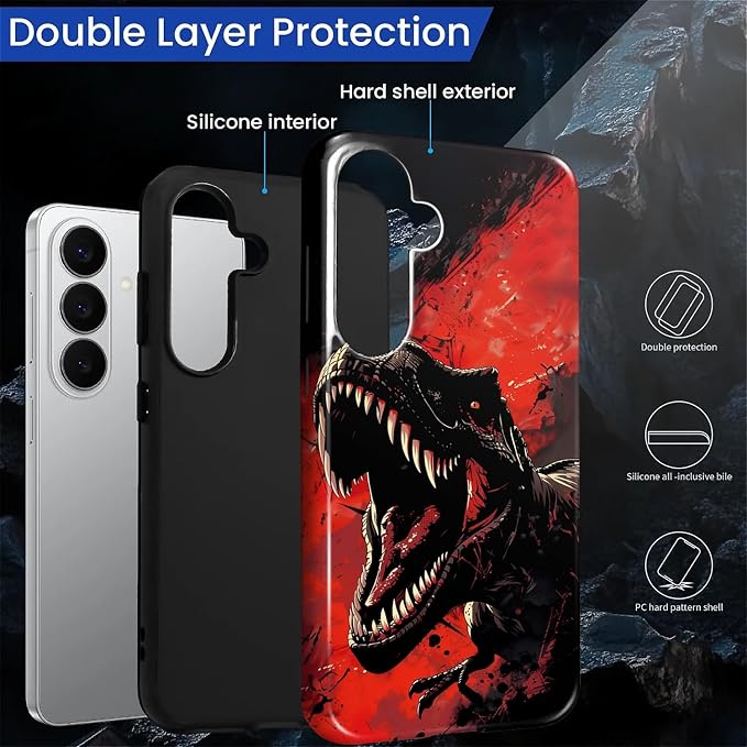 for Samsung Galaxy S26 Case, Cool Dinosaur Red Black Pattern Glossy 2 in 1 - Image 3