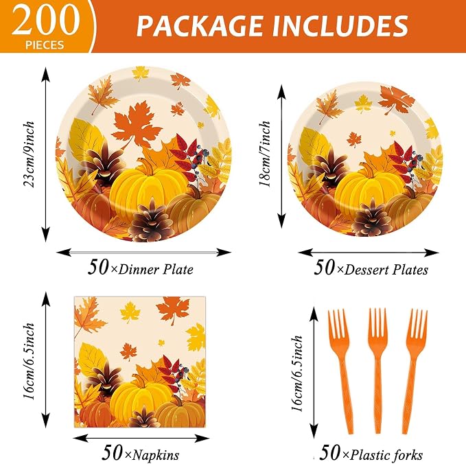 50 Guests Thanksgiving Fall Plates and Napkins Party Supplies Autumn Leaves - Image 2