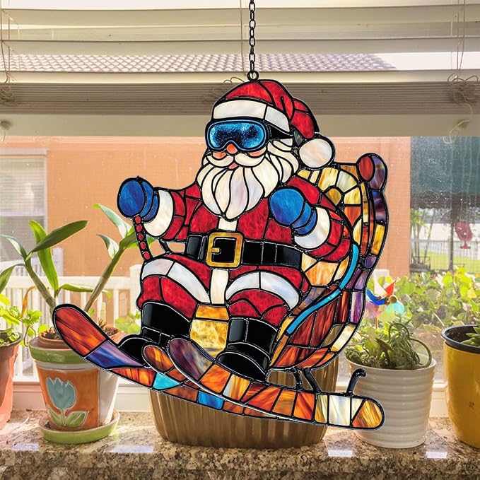 Funny Santa Claus Skiing Acrylic Suncatcher Stained Glass Effect Window Car - Image 4