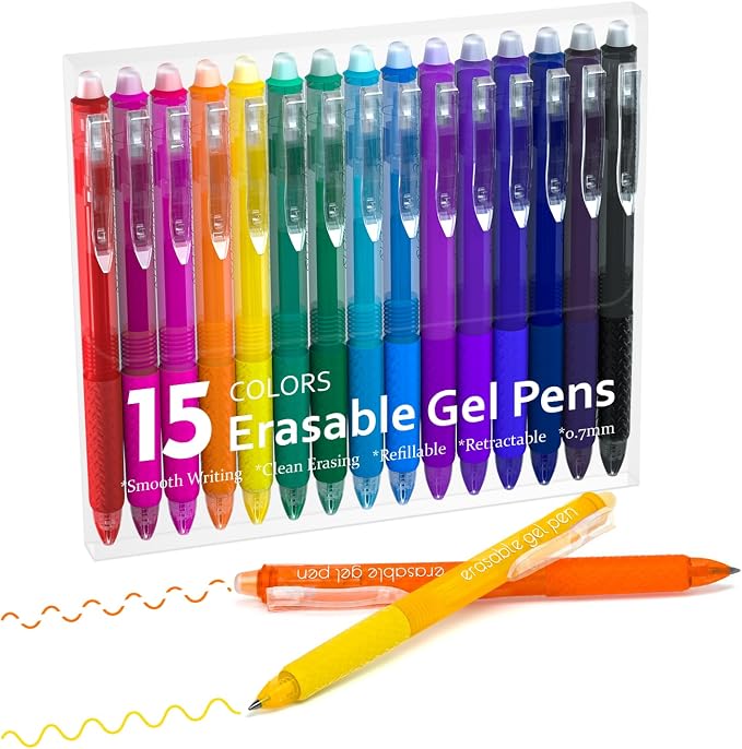 Lineon Erasable Gel Pens, 15 Colors Retractable Fine Point Erasable Pens Clicker by ShuttleArt