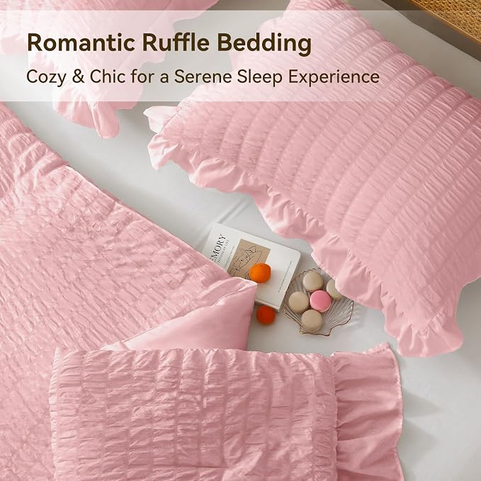 JOLLYVOGUE Pink Seersucker King Comforter Set, 3 Pieces Bed in a Bag Comforter - Image 4