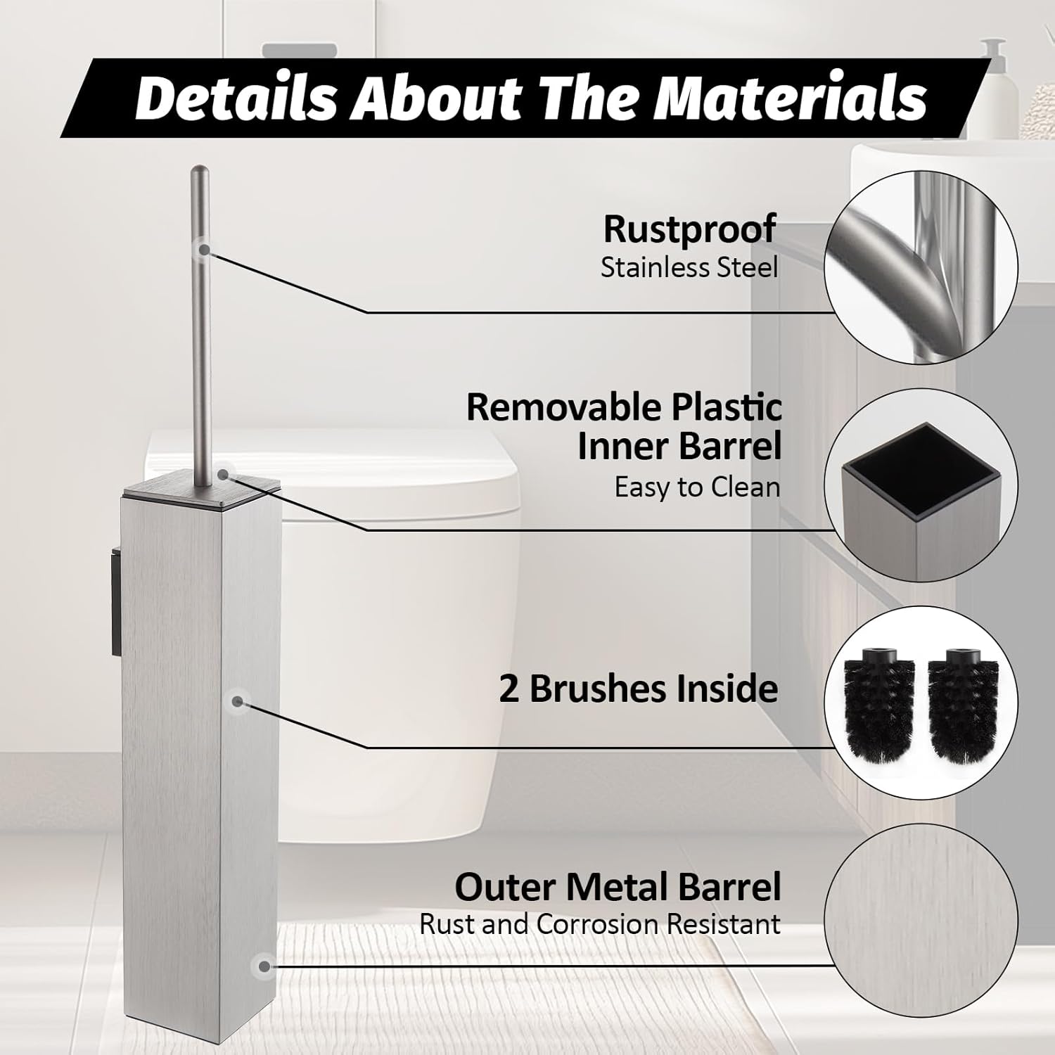 BGL Toilet Brush and Holder Set Brushed Nickel Wall Mounted for Bathroom Square Design