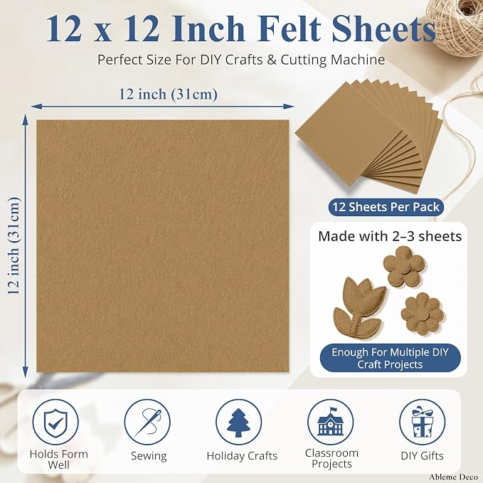 12" x 12" Felt Sheets for Crafts, 2mm Stiff Felt Fabric, Tan | 2mm Thick Stiff - Image 3