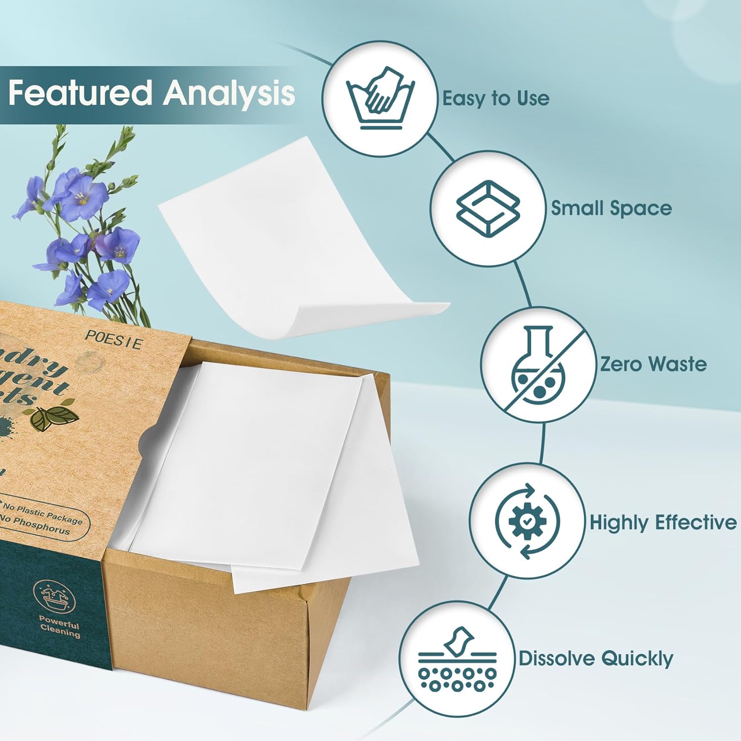 Poesie Laundry Detergent Sheets Fresh Linen Scent 160 Sheets 80 Large Loads Plastic Free Fast Dissolve Washing for All Washing Machine Traveling Dorm Life Save Space