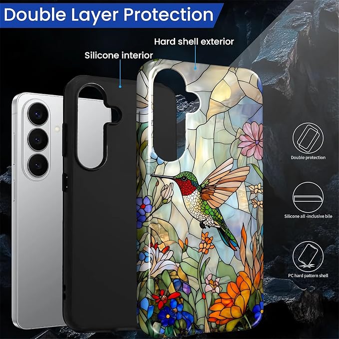 for Samsung Galaxy S26 Case, Hummingbird Wildflower Stained Glass Pattern - Image 3
