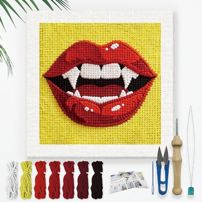 Doodlream Red Lip Needle Kit for Beginner, 9.4"x 9.4" Halloween Fanged Mouth by Doodlream
