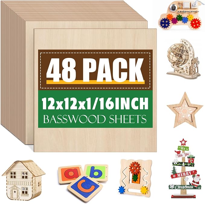 48 Pack Basswood Sheets 1/16x12X12Inch, Plywood Sheets by ESRICH