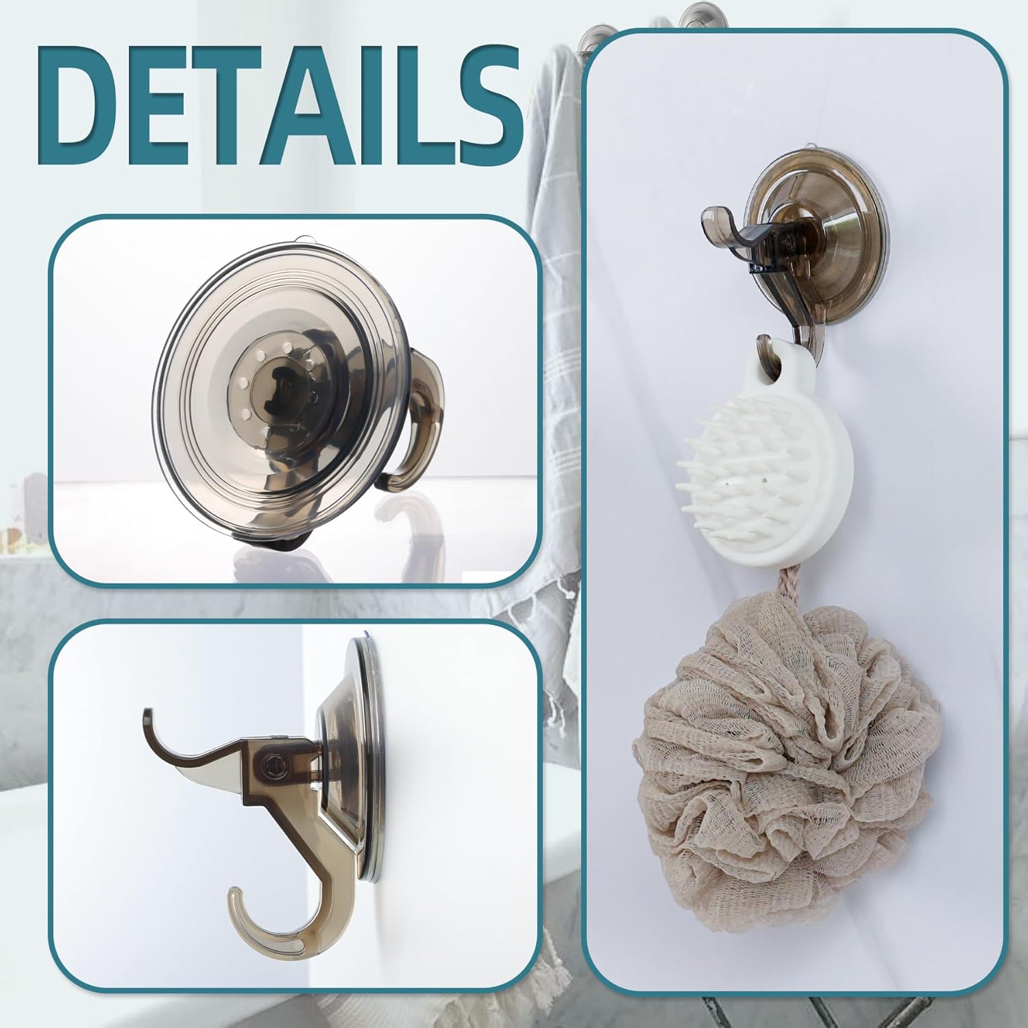 Antimbee Suction Hooks, 5 Pack Clear Hanger, Removable Small Suction Cups for Shower, Bathroom, Glass, Door, Windows, Kitchen - Up to 11 lbs on Smooth Surface - 2 Hooks Design (Transparent Gray)