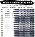 Tebik Hand Lettering Pens, 15 Pack Calligraphy Brush Pen Markers Black Ink - Image 2