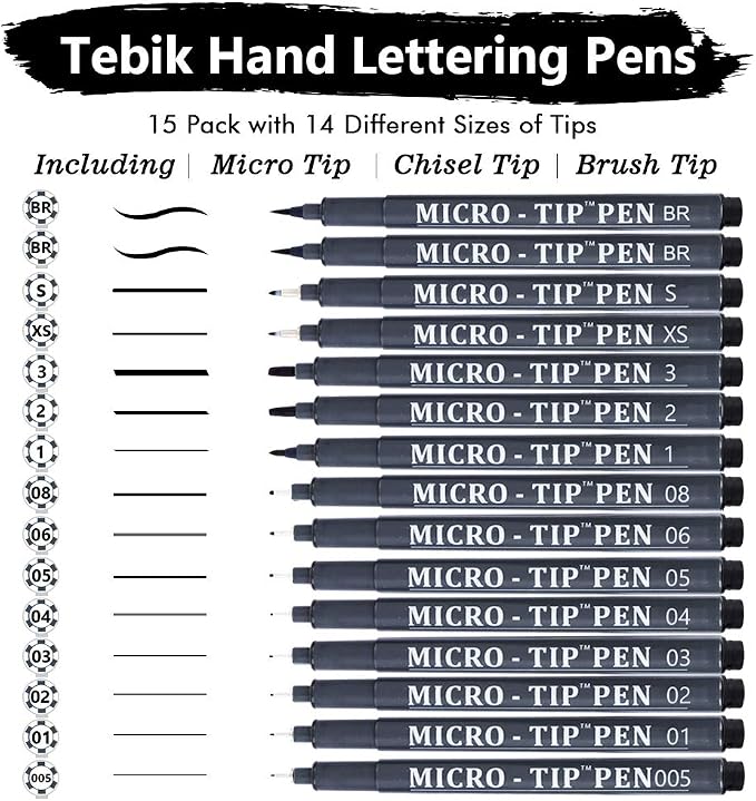 Tebik Hand Lettering Pens, 15 Pack Calligraphy Brush Pen Markers Black Ink - Image 2