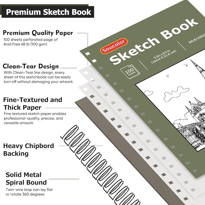 Soucolor Sketchbook 5.5" x 8.5", 2 Pack Mini Sketch Book | Spiral Bound Sketch - Image 2